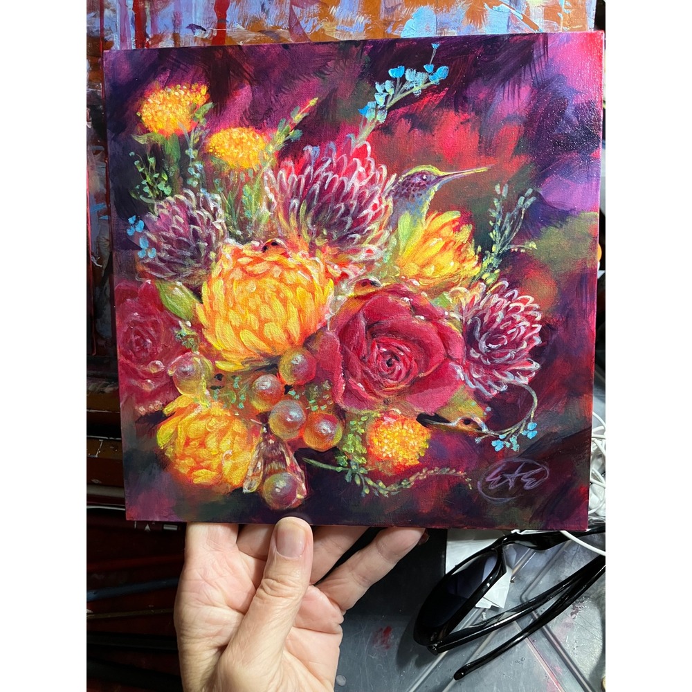 hummingbird Original Floral Painting bumblebees Bouquet Roses Signed Artettina - Picture 5 of 8
